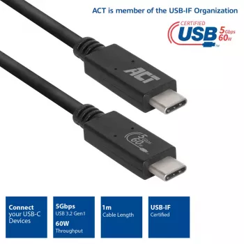 ACT USB 3.0 kaabel USB-C USB-IF sertifitseeritud 1 meeter 5 Gbit/s