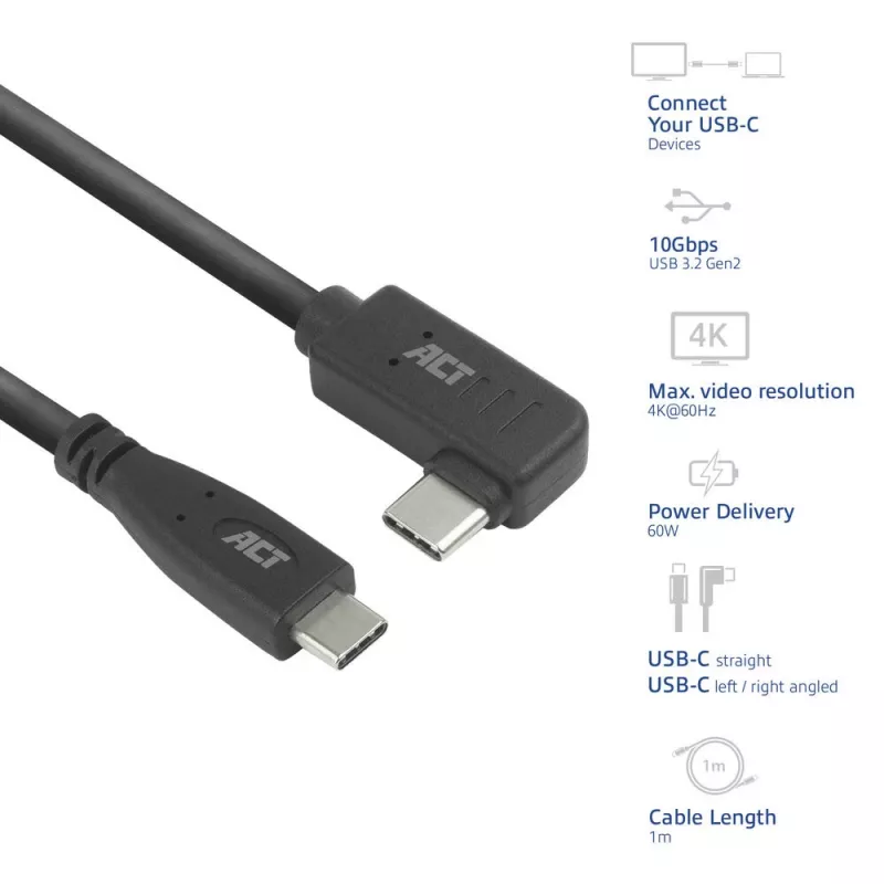 ACT USB 3.0 nurkkaabel USB-C 1 meeter 5 Gbit/s must