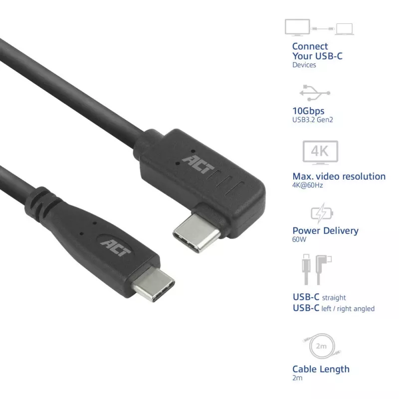 ACT USB 3.0 nurkkaabel USB-C 2 meetrit 5 Gbit/s Must