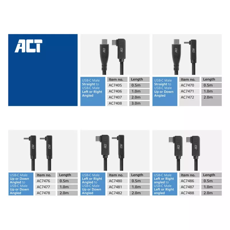 ACT USB 3.0 nurkkaabel USB-C 2 meetrit 5 Gbit/s Must