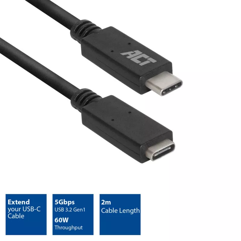 ACT USB 3.0 pikenduskaabel USB-C 2 meetrit 5 Gbit/s Must