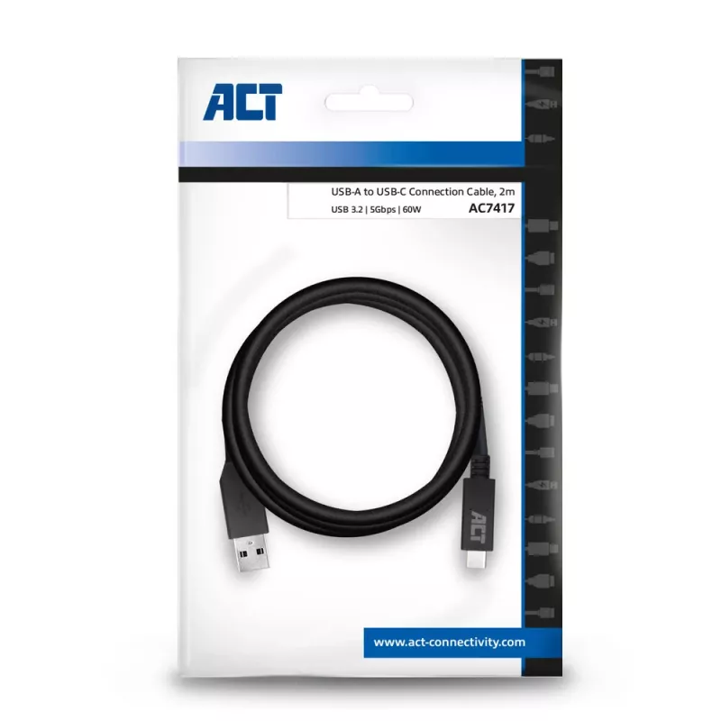 ACT USB 3.0 kaabel USB-A to USB-C 2 meetrit 5 Gbit/s Must