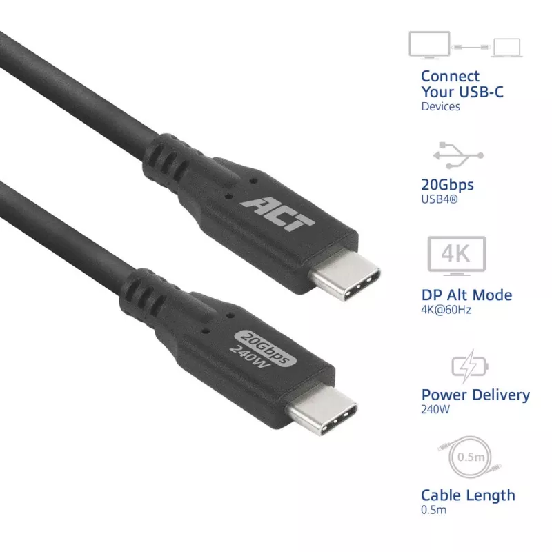 ACT USB4 20Gbps 240W USB USB-C kaabel 0,5 m must