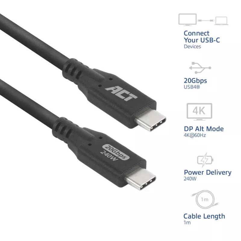 ACT USB4 20Gbps 240W USB USB-C kaabel 1 meeter must