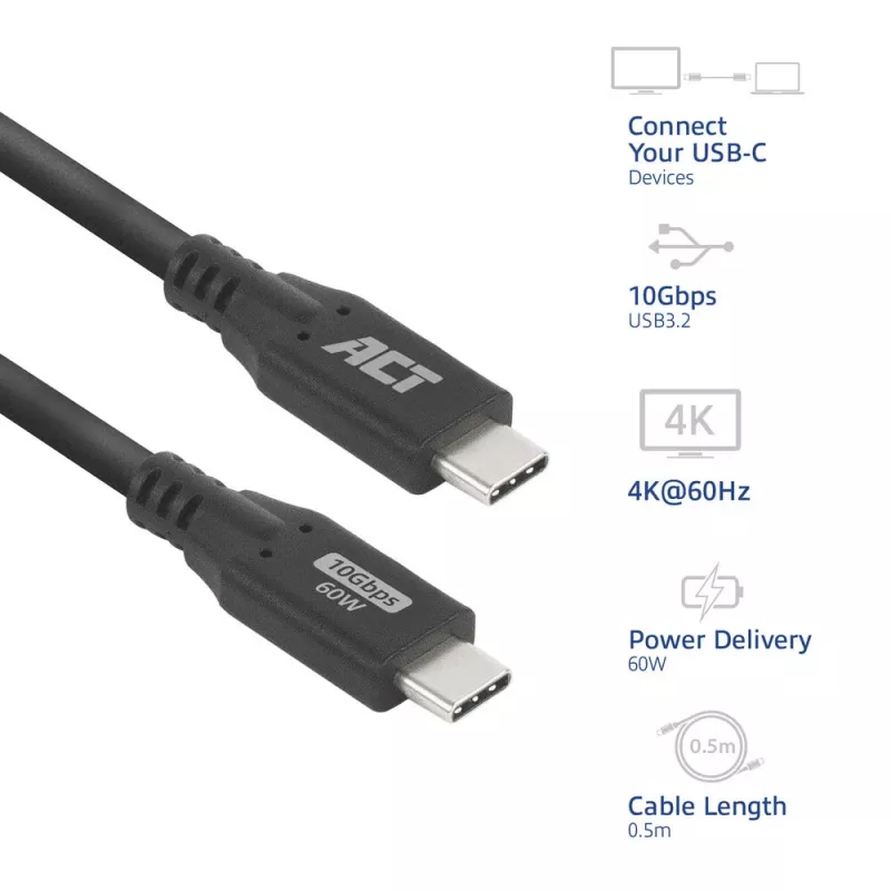 ACT USB 3.0 10Gbps 60W USB USB-C kaabel 0,5 m must