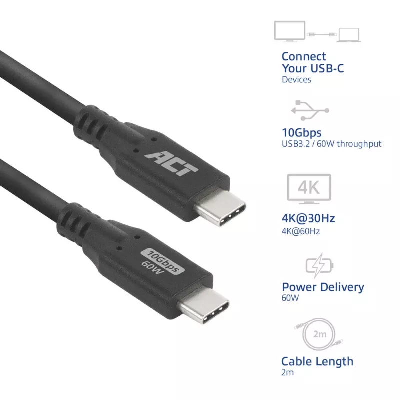 USB-C-kaabel ACT AC7442 2m 10Gbps 60W Must