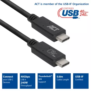 ACT USB4® 40Gbps 240W USB Type-C® kaabel, USB-IF sertifitseeritud 0,8 meetrit