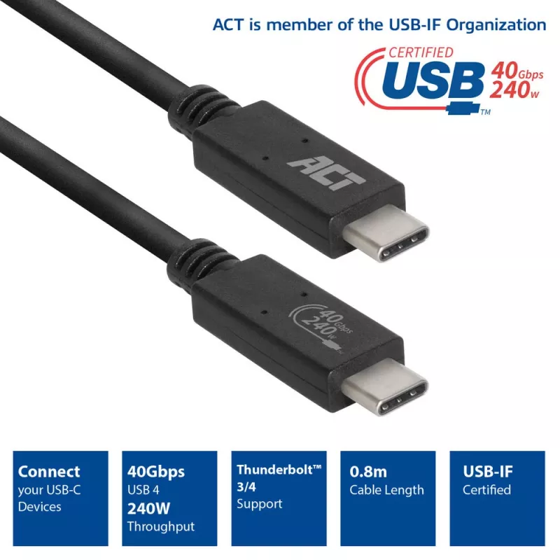 ACT USB4® 40Gbps 240W USB Type-C® kaabel, USB-IF sertifitseeritud 0,8 meetrit