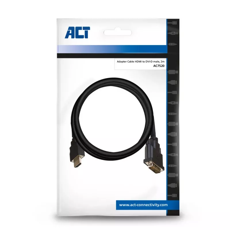 ACT 2 meetrit HDMI-DVI-D adapterkaabel, HDMI A-pistik - DVI-D single link isane 18+1