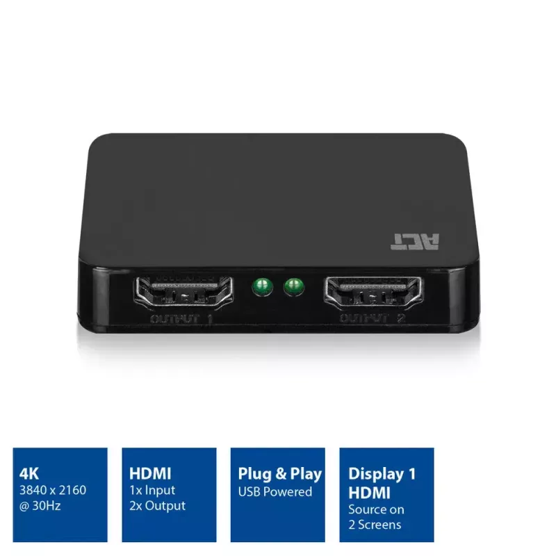 ACT 4K HDMI 1.4 jaotur, 2 porti, 3840 x 2160 pikslit, must