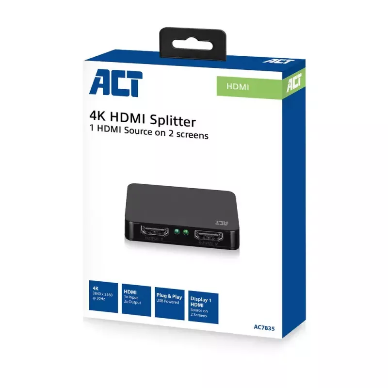 ACT 4K HDMI 1.4 jaotur, 2 porti, 3840 x 2160 pikslit, must