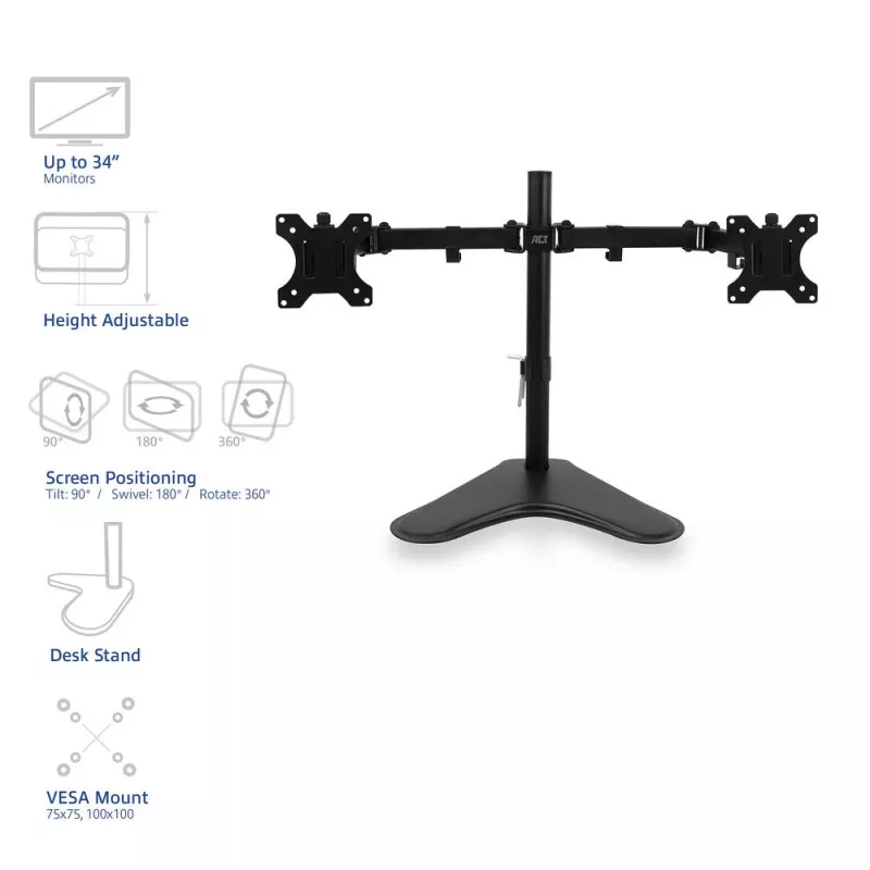 ACT vabalt seisev topeltmonitori hoidik AC8320, max kaal 16 kg, min ekraan 33 cm, max ekraan 81,3 cm
