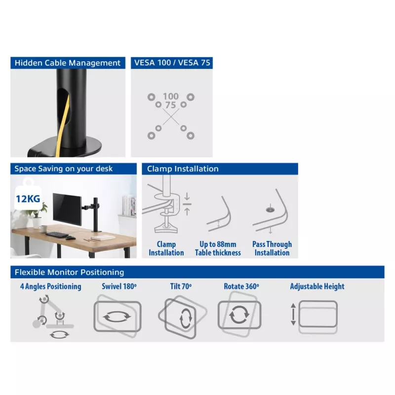 ACT Ühe monitori käepide kontori tugev pro Klamber/polt-läbiv 12 kg 10-32 tolli
