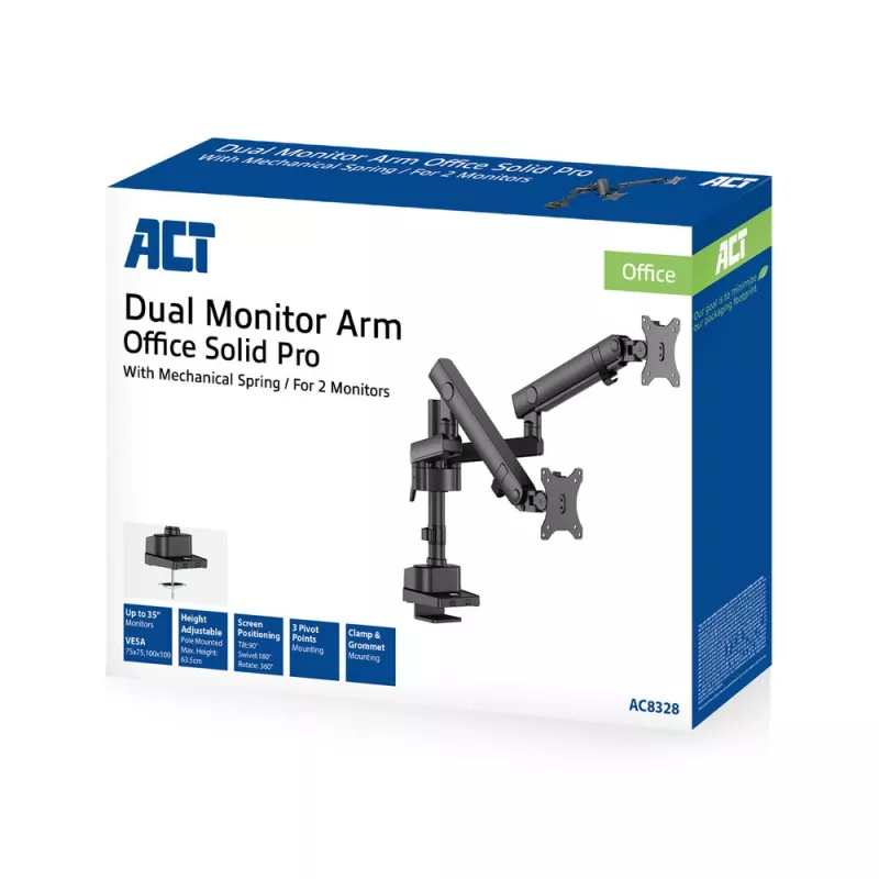 ACT Monitori käsi 35 tolli kontori solid pro, mehaaniline vedru, 2 monitori