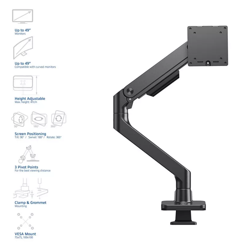 ACT Monitori käsi 49 tolli kontori premium gaasivedru 1 monitor Klambriga/Auguga 20 kg
