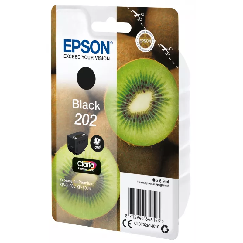 Epson Kiwi üksikpakk must 202 Claria Premium tint, standardtäidis, must, pigmendipõhine tint, 6,9 ml, 1 tk, 250 lehekülge
