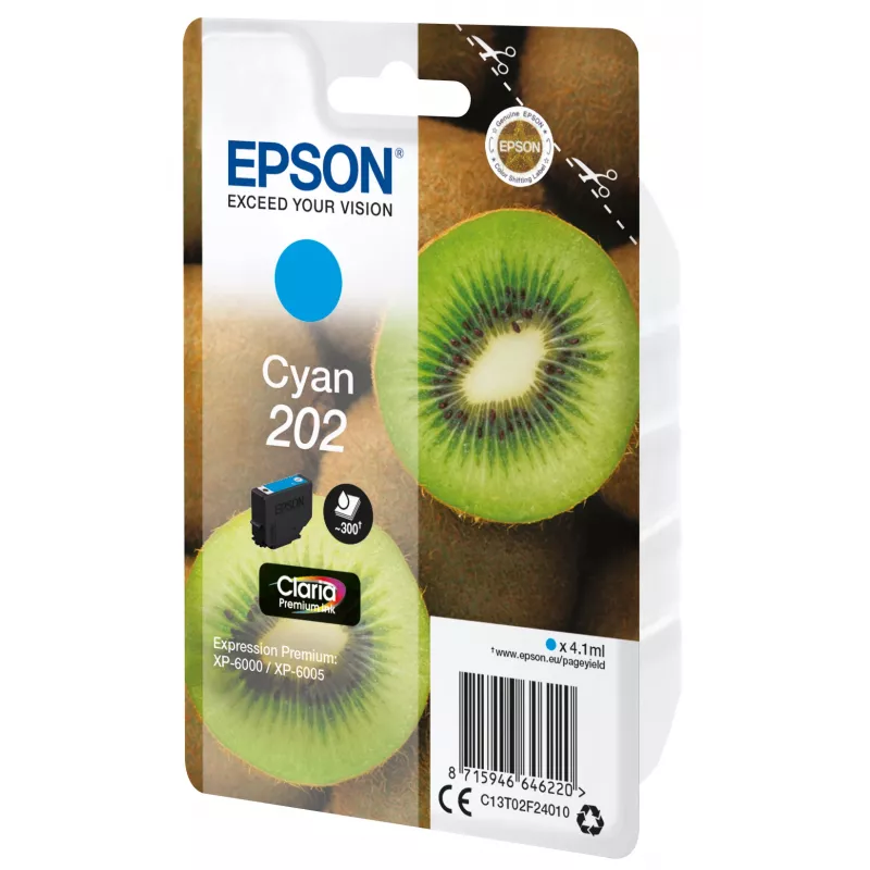 Epson Kiwi Singlepack tsüaan 202 Claria Premium Ink, standardtootlus, tsüaan, 4.1 ml, 1 tk, 300 lehekülge