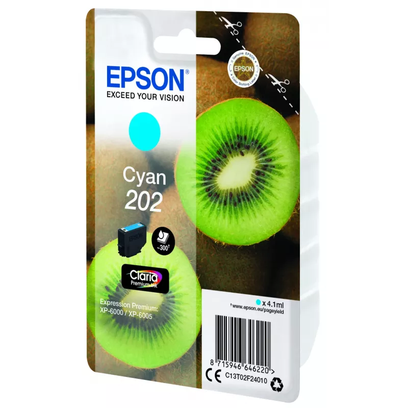 Epson Kiwi Singlepack tsüaan 202 Claria Premium Ink, standardtootlus, tsüaan, 4.1 ml, 1 tk, 300 lehekülge
