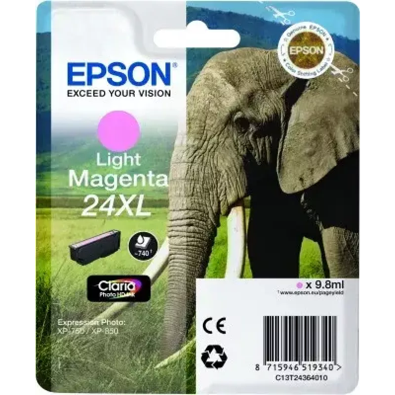 Tindikassett Epson Elephant Singlepack Light magenta 24XL Claria Photo HD (üksik, pigmendipõhine, hele magenta)
