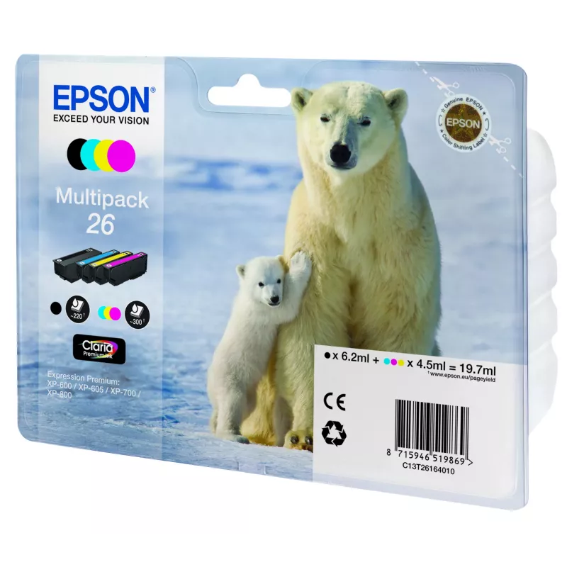 Epson Polar bear Multipack 4-värviline 26 Claria Premium tint, must, tsüaan, magenta, kollane, 6,2 ml, 4,5 ml, 1 tk, Mitmikpakend