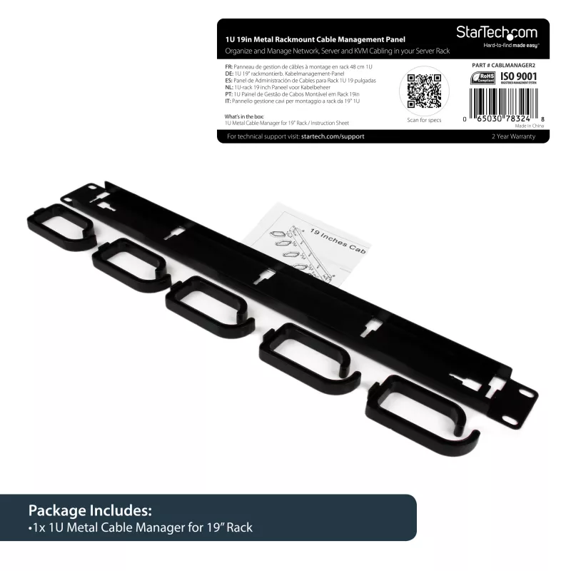 StarTech.com 1U 19in Metallist riiulisse paigaldatav kaablihalduspaneel