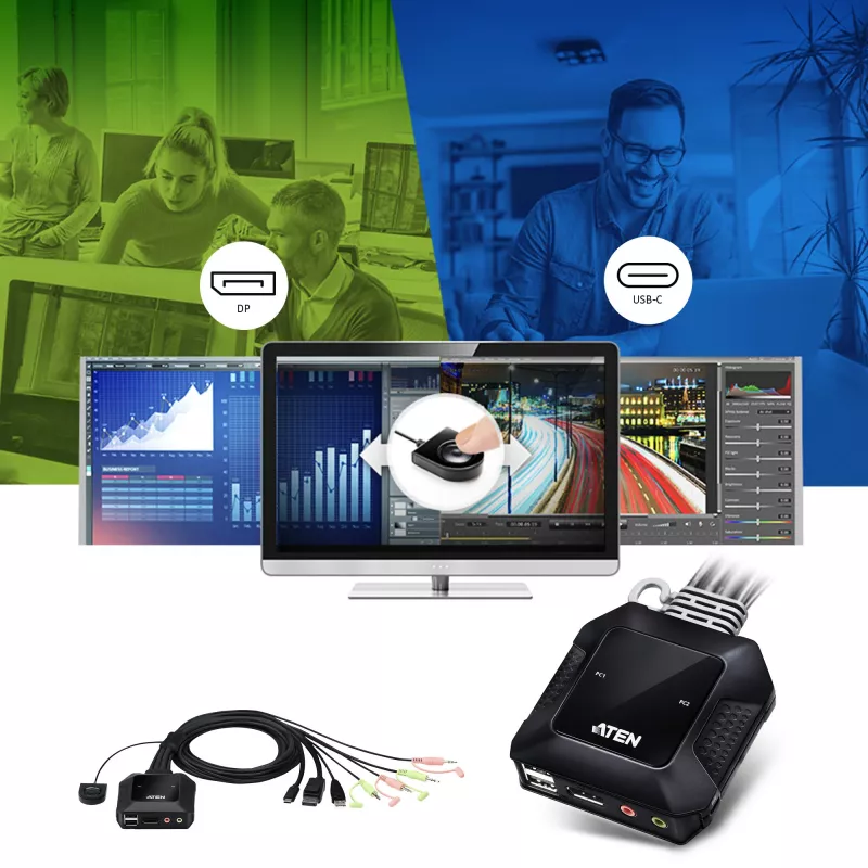 ATEN 2-pordiline USB-C DisplayPort hübriidkaabliga KVM-lüliti, 4096 x 2160 pikslit, 4K Ultra HD, 0,74 W, must