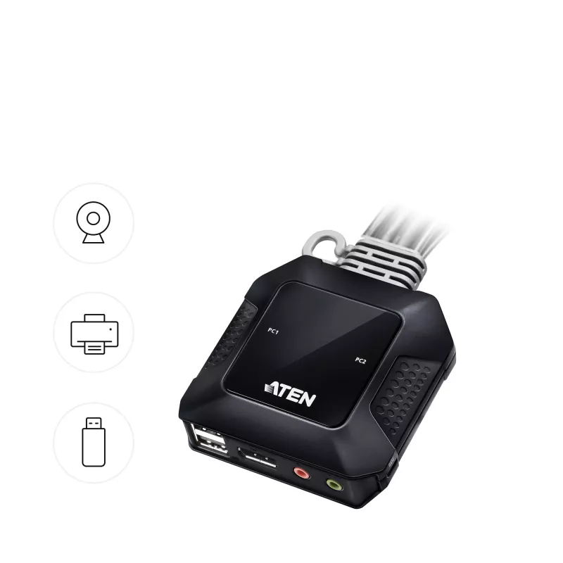 ATEN 2-pordiline USB-C DisplayPort hübriidkaabliga KVM-lüliti, 4096 x 2160 pikslit, 4K Ultra HD, 0,74 W, must