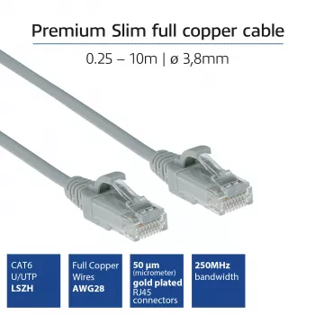ACT hall 0,5-meetrine LSZH U/UTP CAT6 andmekeskuse slimline patch-kaabel RJ45-pistikuga