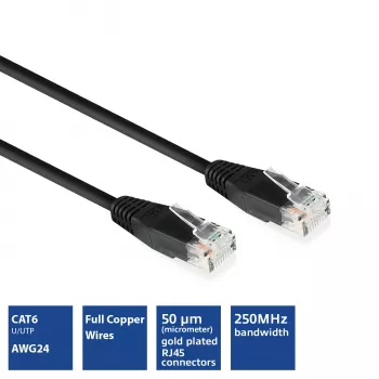 ACT must, 20 m, U/UTP CAT6 paigalduskaabel, RJ45-pistikud