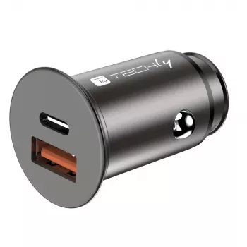 Techly Mini auto laadija USB-A ja USB-C Quick Charge 3.0 38W must metall