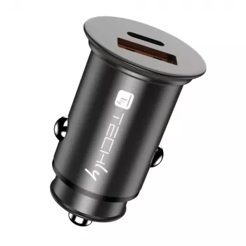 Techly Mini auto laadija USB-A ja USB-C Quick Charge 3.0 38W must metall