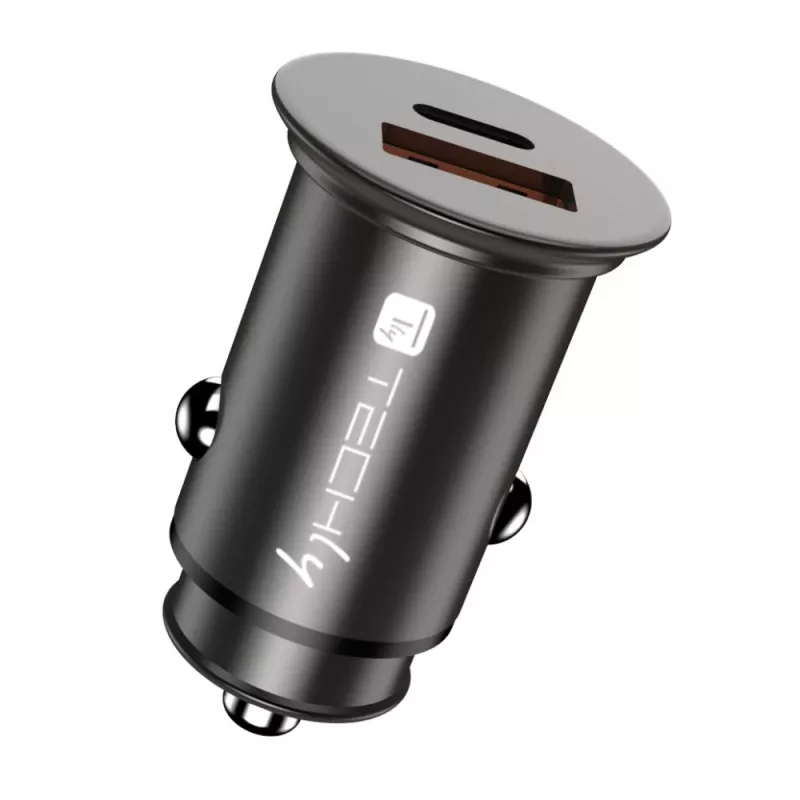 Techly Mini auto laadija USB-A ja USB-C Quick Charge 3.0 38W must metall