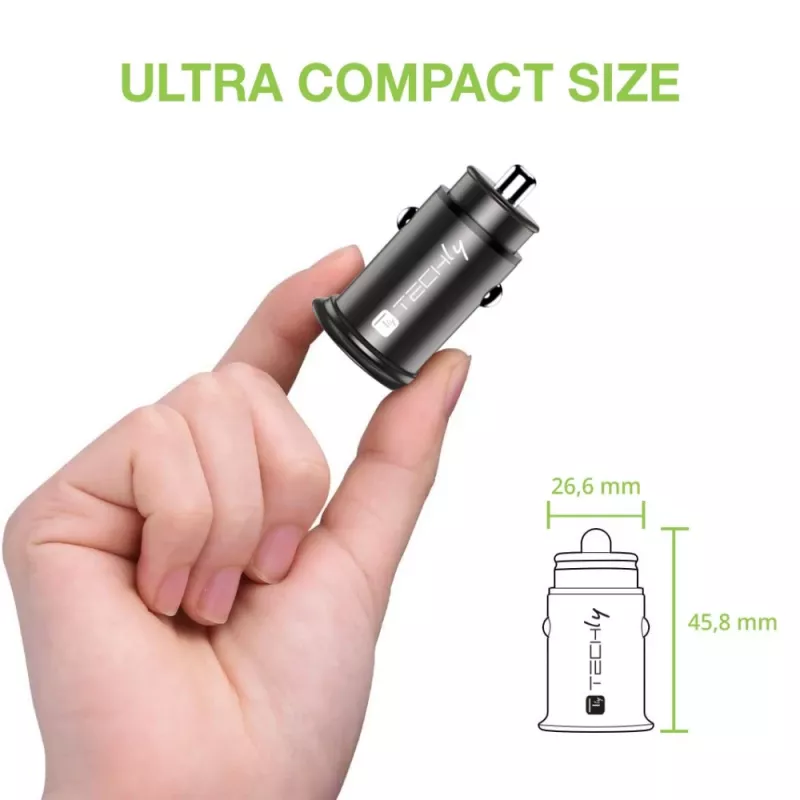 Techly Mini auto laadija USB-A ja USB-C Quick Charge 3.0 38W must metall