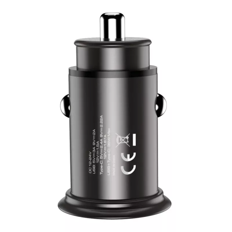 Techly Mini auto laadija USB-A ja USB-C Quick Charge 3.0 38W must metall