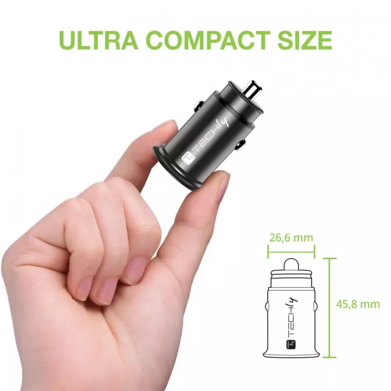Techly Mini auto laadija USB-A ja USB-C Quick Charge 3.0 38W must metall