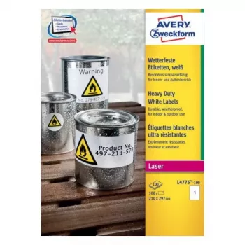 Isekleepuv ümara ristküliku kujuline silt Avery Zweckform L4775-100, püsiliimiga valge, 210×297 mm, 100 tk