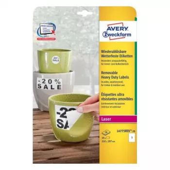 Isekleepuv ristkülikukujuline silt Avery Zweckform L4775REV-20 – valge, püsiliimiga, 210×297 mm, 20 lehte
