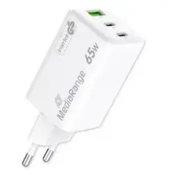 Mobiilseadme laadija MediaRange MRMA116-2 — sisetingimustes kasutatav AC kiirlaadija, 100–240 V sisend, kuni 20 V väljund, 2× USB-C, valge