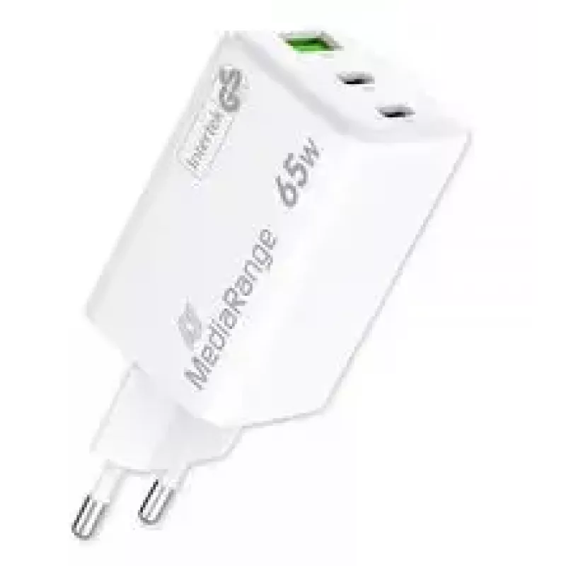 Mobiilseadme laadija MediaRange MRMA116-2 — sisetingimustes kasutatav AC kiirlaadija, 100–240 V sisend, kuni 20 V väljund, 2× USB-C, valge