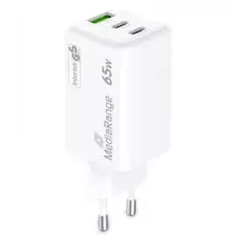 Mobiilseadme laadija MediaRange MRMA116-2 — sisetingimustes kasutatav AC kiirlaadija, 100–240 V sisend, kuni 20 V väljund, 2× USB-C, valge