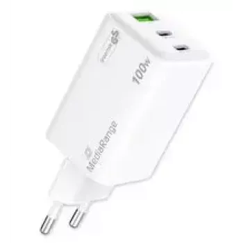 Mobiilseadme laadija MediaRange MRMA123 — Sisetingimustes kasutatav vahelduvvoolu kiirlaadija sülearvutile, nutitelefonile, tahvelarvutile, 100–240 V, 2× USB-C, 20 V max, valge