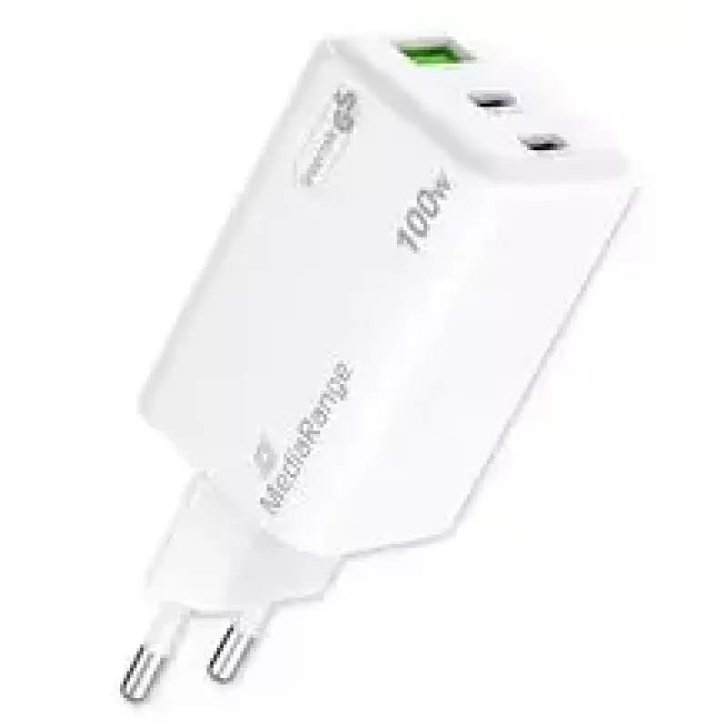 Mobiilseadme laadija MediaRange MRMA123 — Sisetingimustes kasutatav vahelduvvoolu kiirlaadija sülearvutile, nutitelefonile, tahvelarvutile, 100–240 V, 2× USB-C, 20 V max, valge