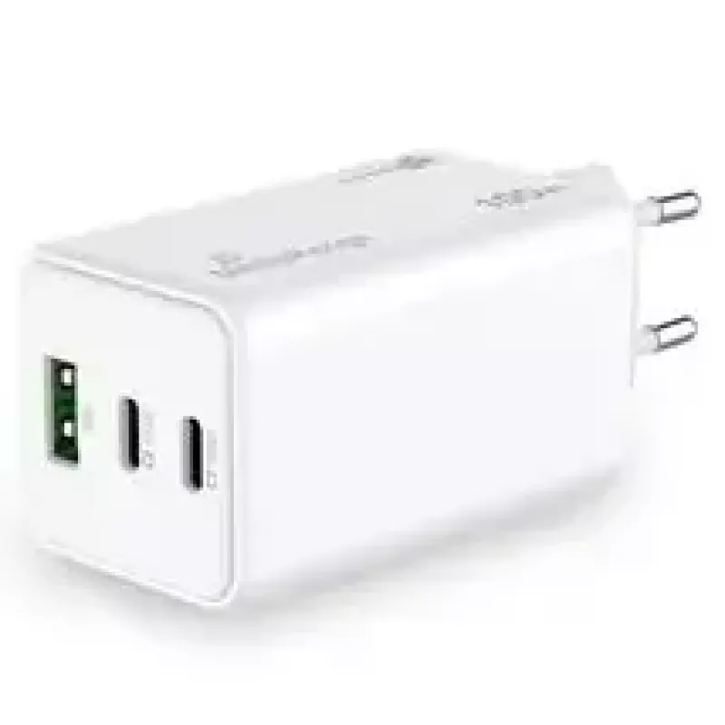 Mobiilseadme laadija MediaRange MRMA123 — Sisetingimustes kasutatav vahelduvvoolu kiirlaadija sülearvutile, nutitelefonile, tahvelarvutile, 100–240 V, 2× USB-C, 20 V max, valge