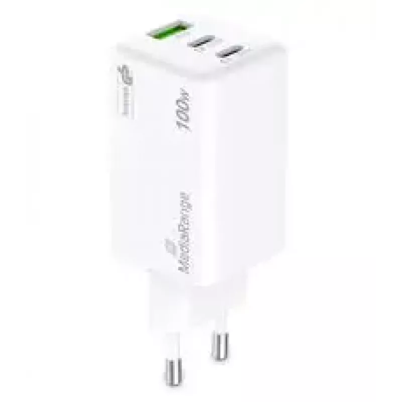 Mobiilseadme laadija MediaRange MRMA123 — Sisetingimustes kasutatav vahelduvvoolu kiirlaadija sülearvutile, nutitelefonile, tahvelarvutile, 100–240 V, 2× USB-C, 20 V max, valge
