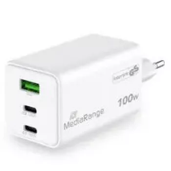 Mobiilseadme laadija MediaRange MRMA123 — Sisetingimustes kasutatav vahelduvvoolu kiirlaadija sülearvutile, nutitelefonile, tahvelarvutile, 100–240 V, 2× USB-C, 20 V max, valge