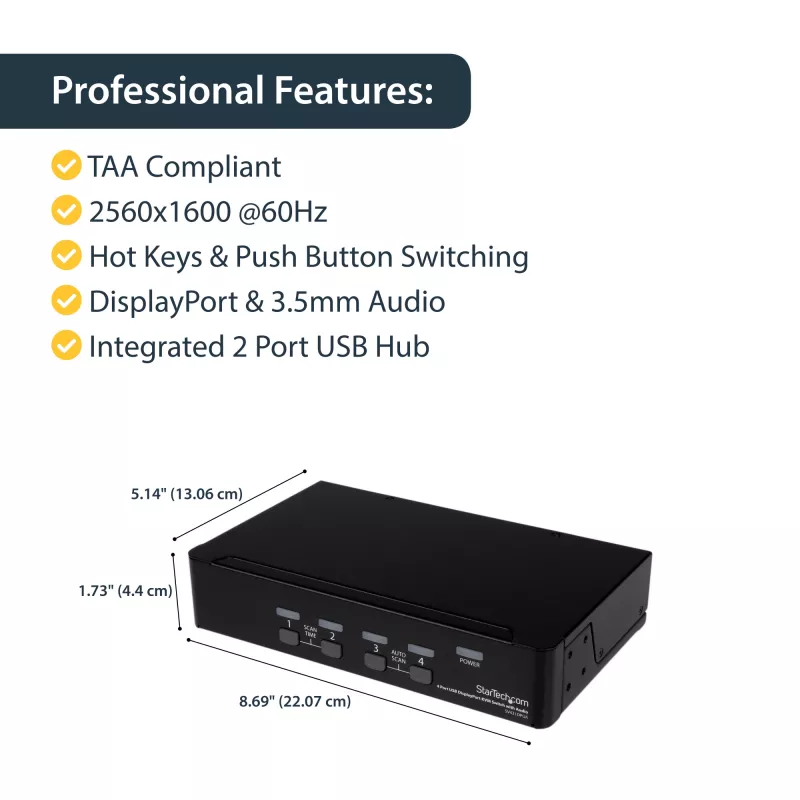 StarTech.com 4 pordiga USB DisplayPort KVM-lüliti heliga, 3840 x 2400 pikslit, must