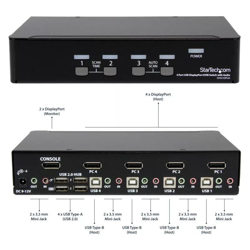 StarTech.com 4 pordiga USB DisplayPort KVM-lüliti heliga, 3840 x 2400 pikslit, must