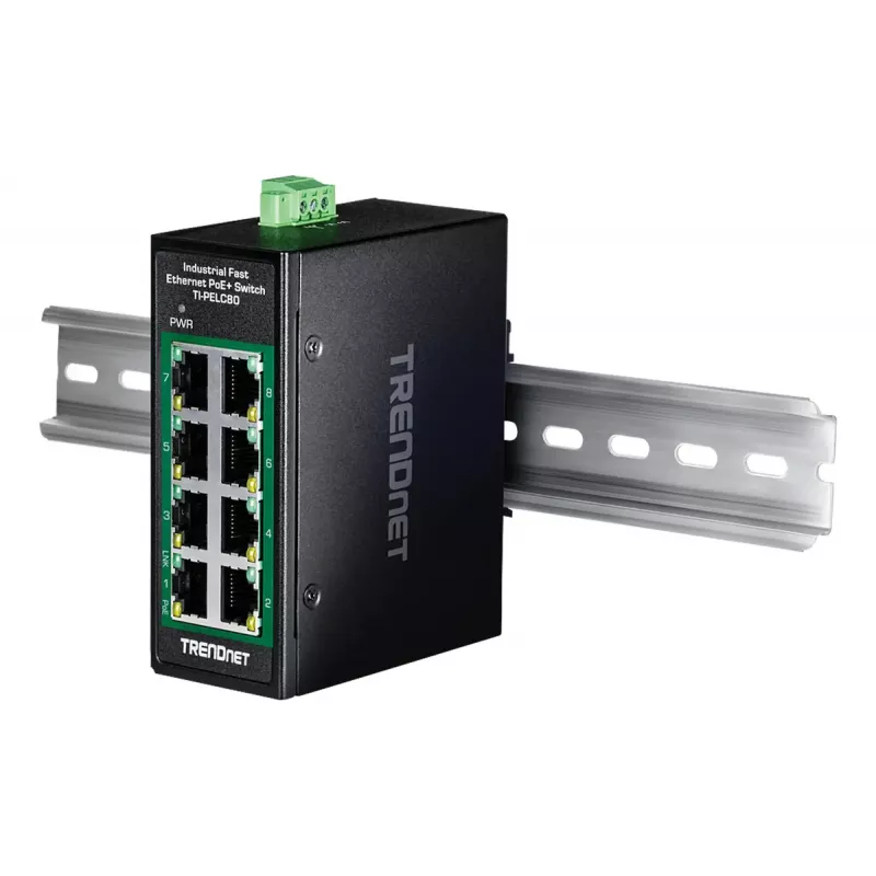 Haldamatu Fast Ethernet PoE-lüliti TRENDnet TI-PELC80 — 8x 10/100 Mbps RJ-45, IEEE 802.3af/at, 48–56 V DC, seinakinnitus