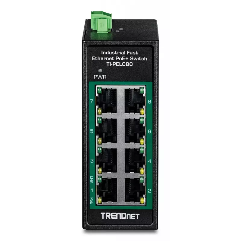 Haldamatu Fast Ethernet PoE-lüliti TRENDnet TI-PELC80 — 8x 10/100 Mbps RJ-45, IEEE 802.3af/at, 48–56 V DC, seinakinnitus