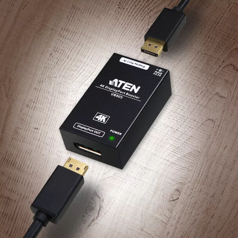 AV-kordisti ATEN 4K Display Port Booster VB905-AT-G — 4K (4096×2160), juhtmega, 20 m ulatus, 5 V/2,6 A, must